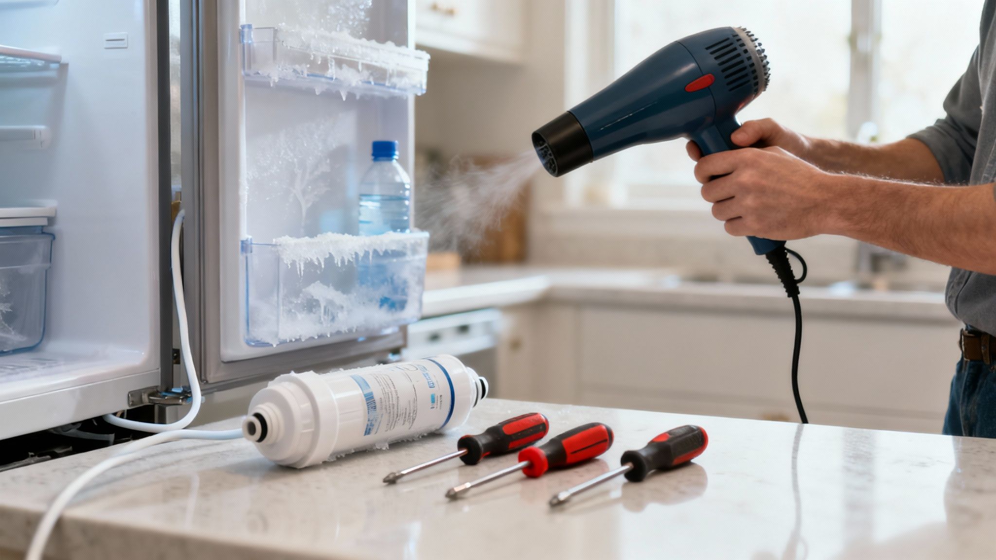 A person using a hairdryer to gently thaw the water line behind a refrigerator.