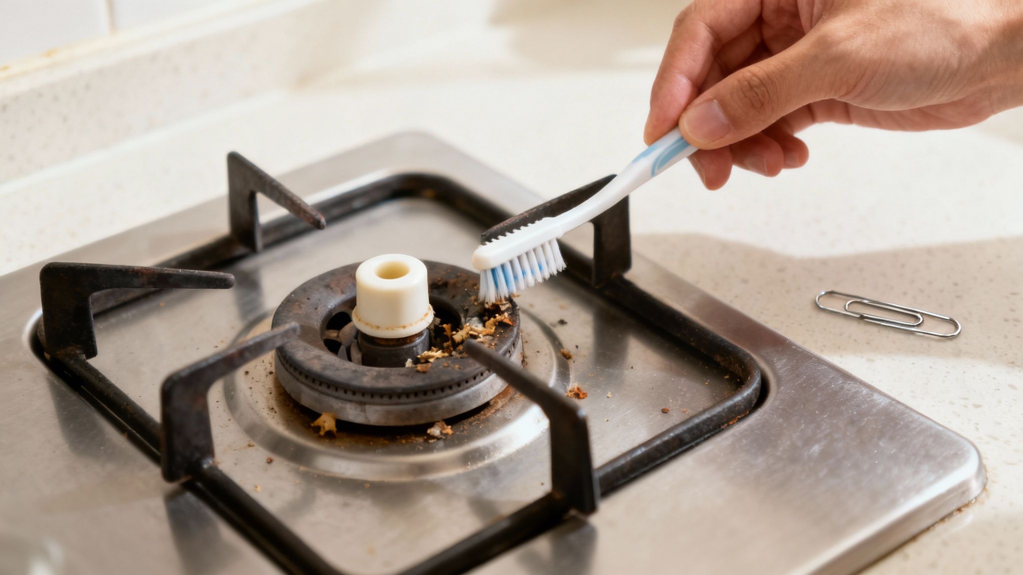 A modern gas stovetop with a blue flame lighting one of the burners, while the igniters on the other burners are visibly sparking.