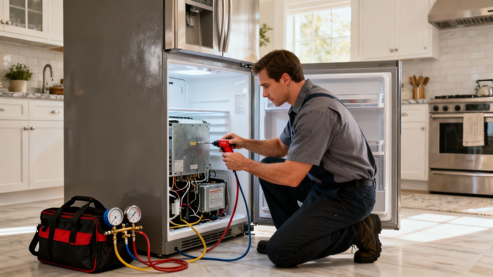 A technician working on a refrigerator's compressor unit