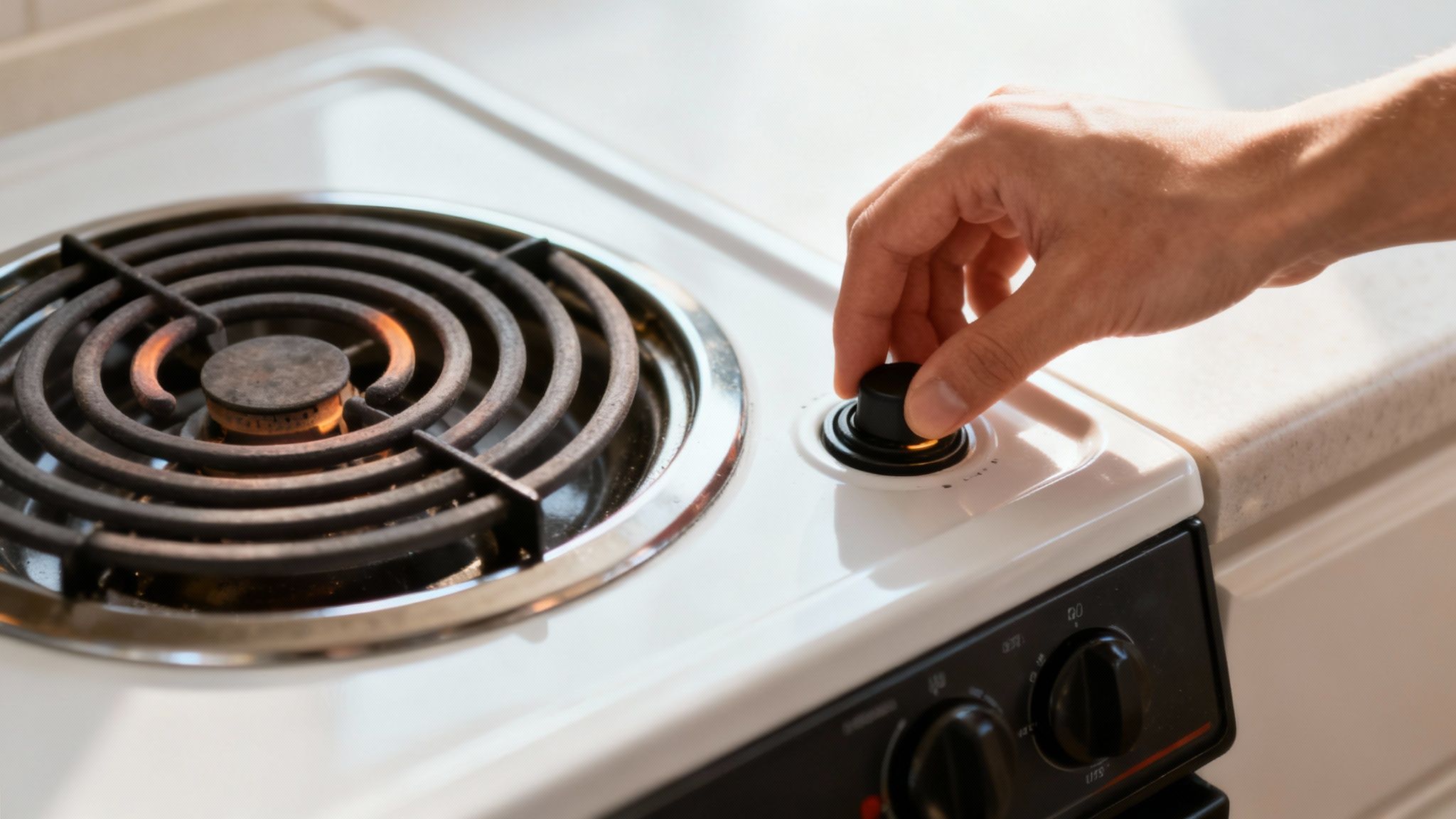 A close-up view of an electric stove's coil burner turned on and glowing red.