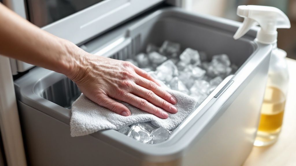 A detailed close-up of an ice maker's internal mechanism, showing the ejector arm and gears.