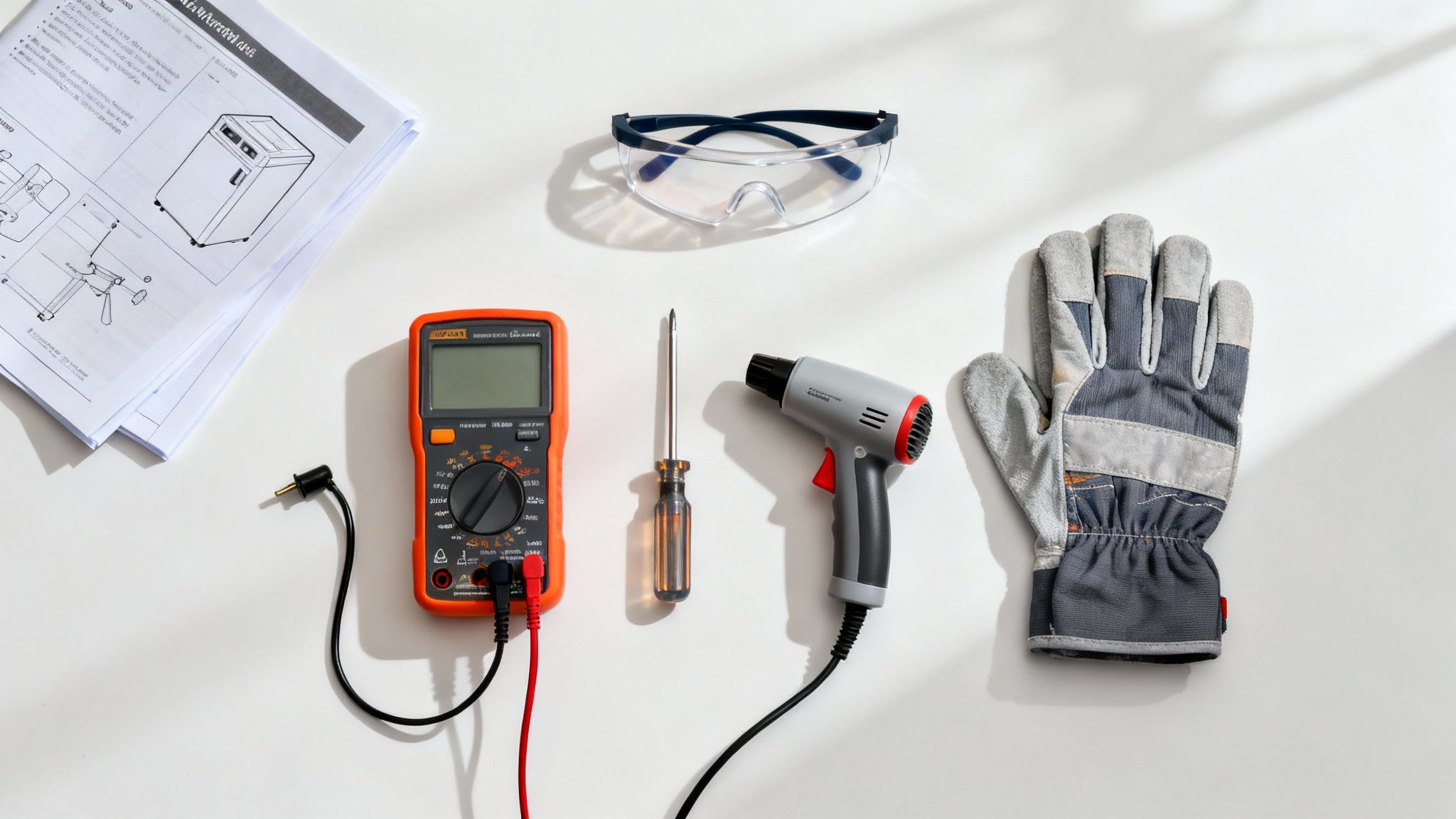 A set of repair tools laid out on a wooden surface, including screwdrivers, pliers, and a multimeter.