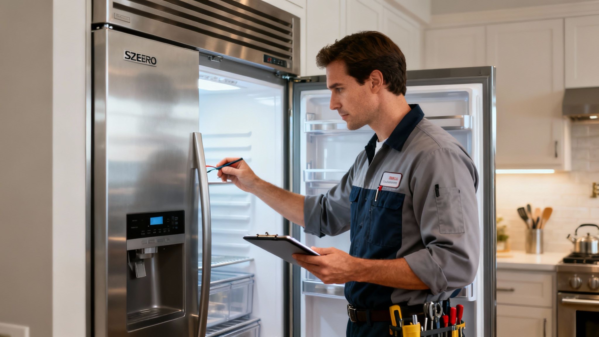 A professional technician in uniform carefully inspecting the internal components of a Sub-Zero refrigerator.