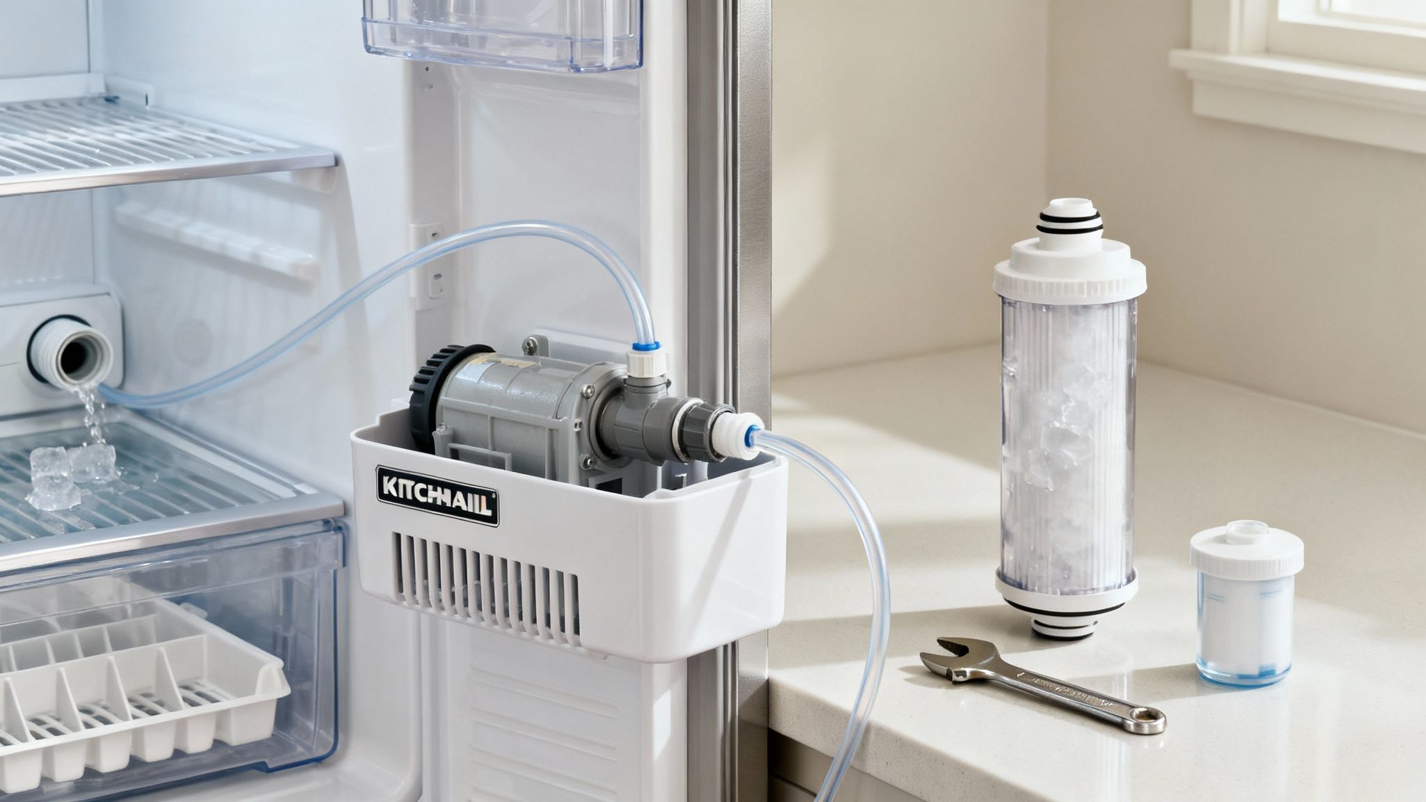 A professional appliance repair technician working on a refrigerator in North Dallas