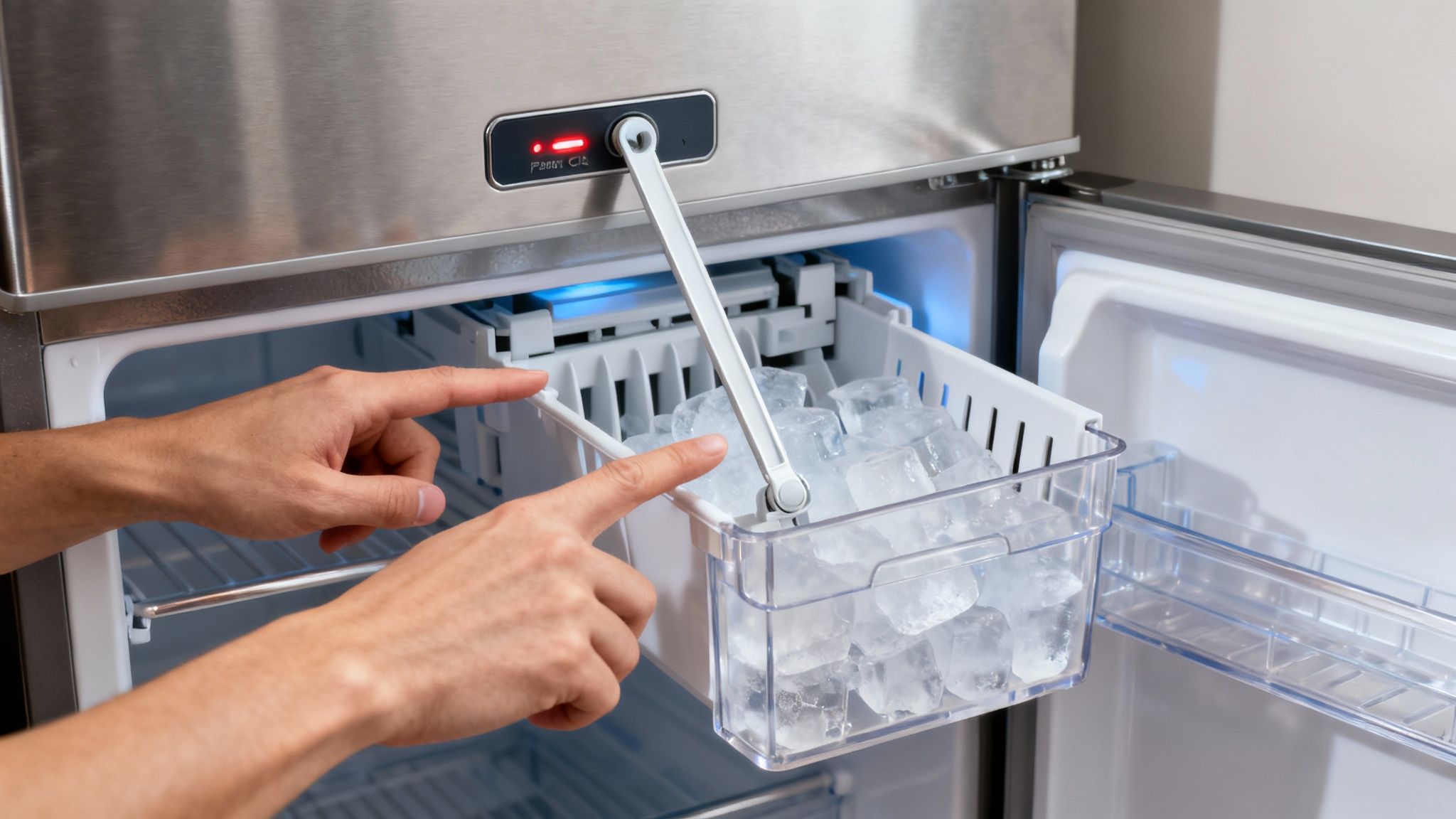 A close-up of a refrigerator's ice maker and dispenser unit.