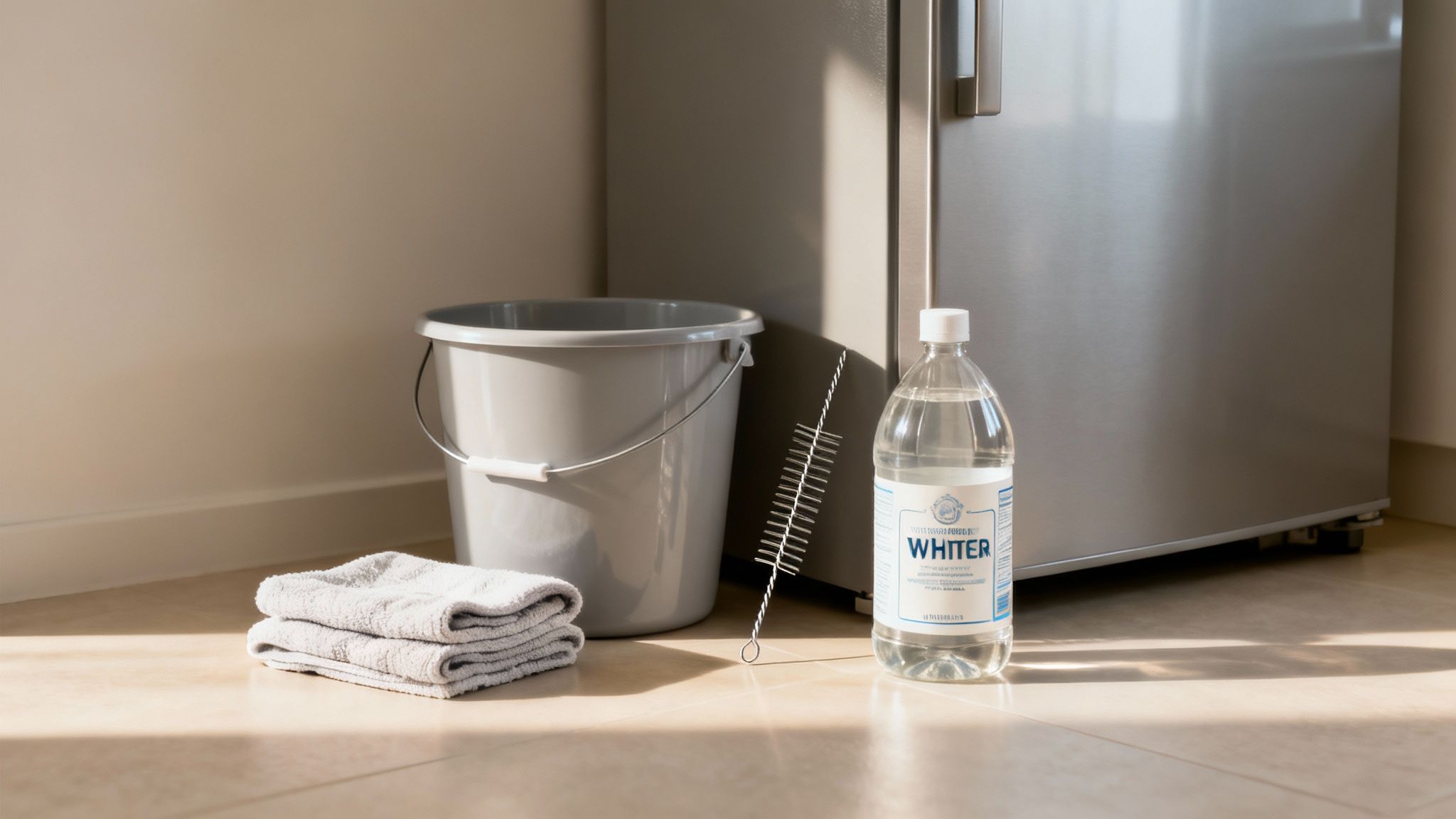 A collection of tools and supplies, including a bucket, towels, vinegar, and a thin brush, neatly arranged on a kitchen counter.