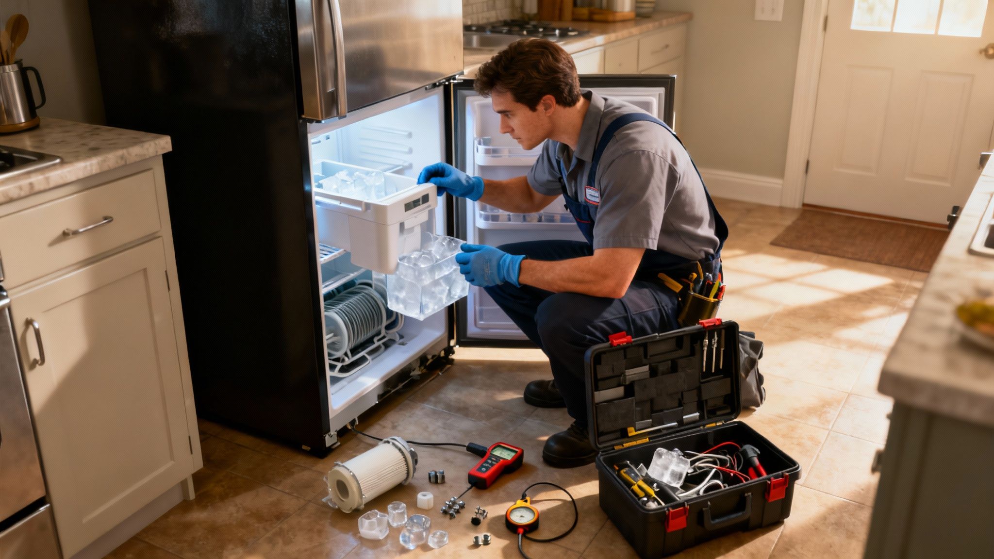 A professional technician inspects the back of a refrigerator with tools.