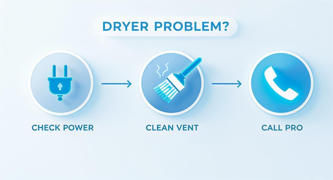 Infographic decision tree showing the first steps to fix a dryer problem: check power, clean vent, then call a professional.