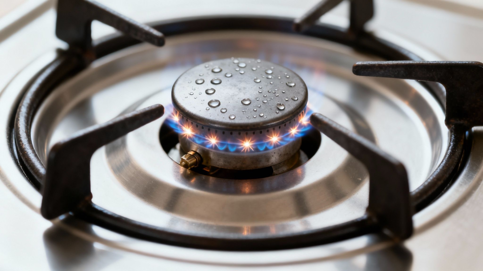 A close-up of a gas range burner with the igniter clicking and a blue flame starting to ignite.