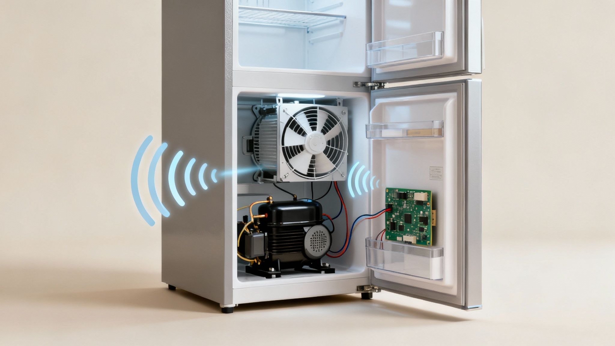 A person listening closely to the sounds coming from their KitchenAid refrigerator.