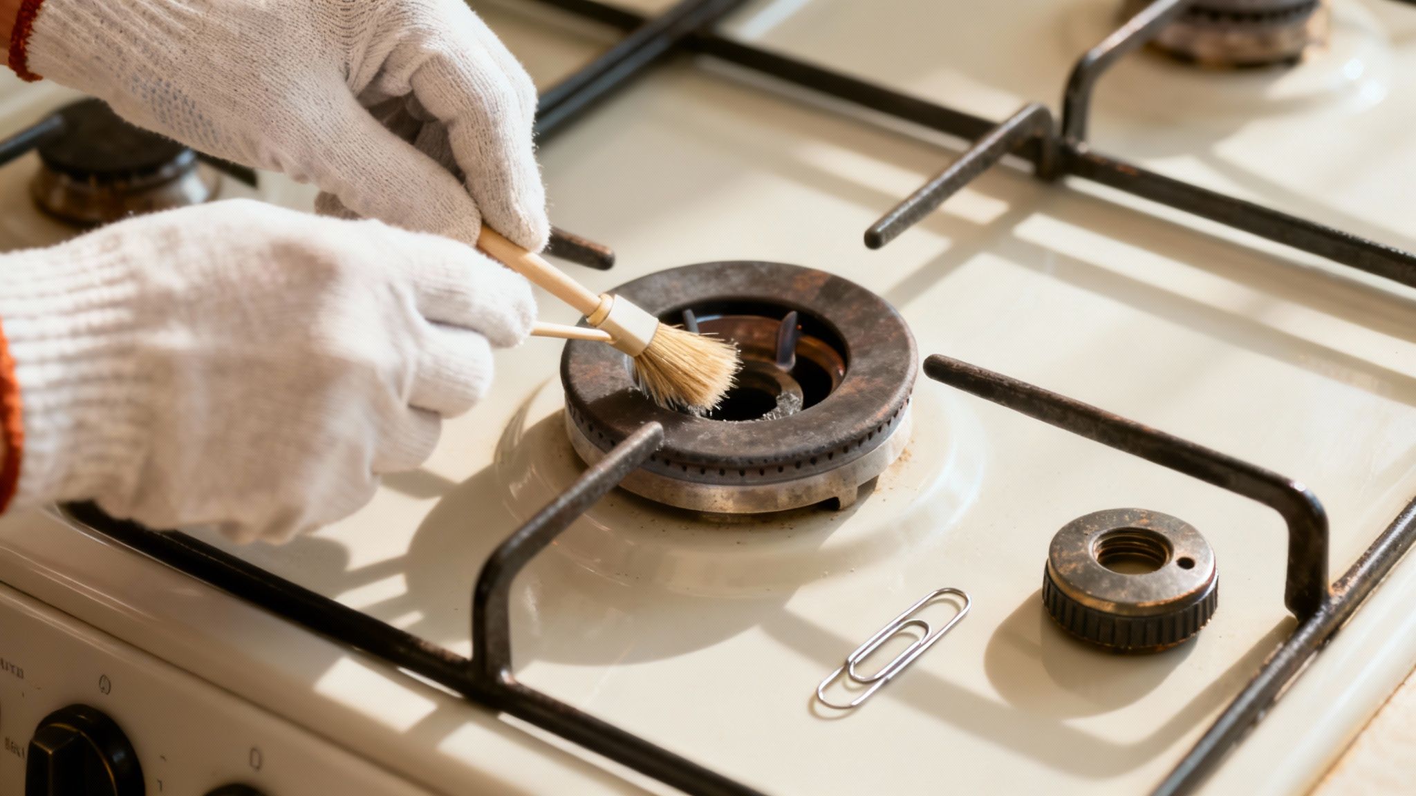 A person wearing gloves carefully cleans the burner head of a gas range with a stiff brush.