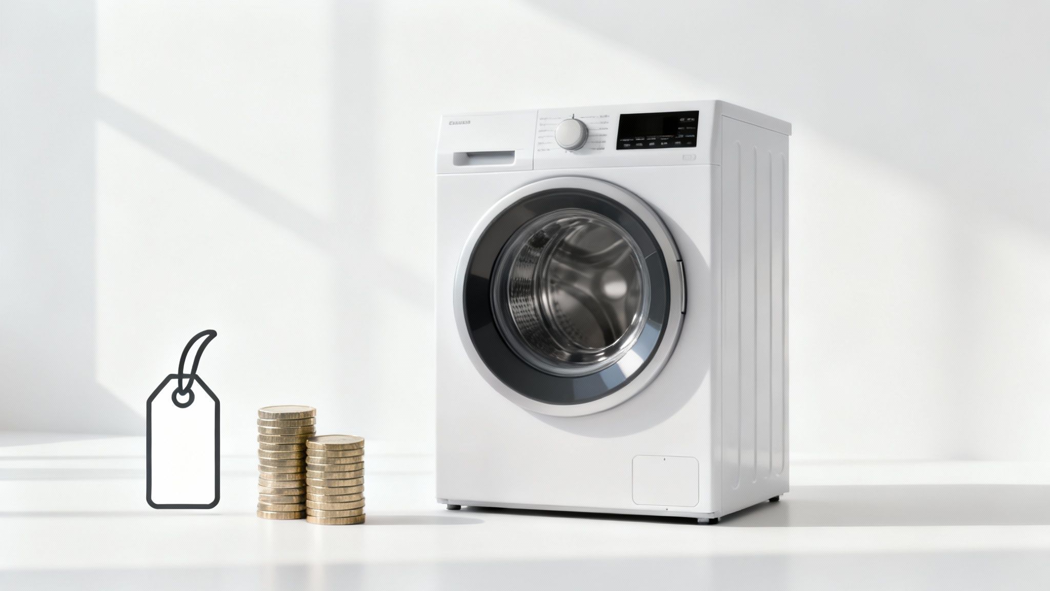 A modern, clean laundry room with a front-loading washing machine and dryer set.
