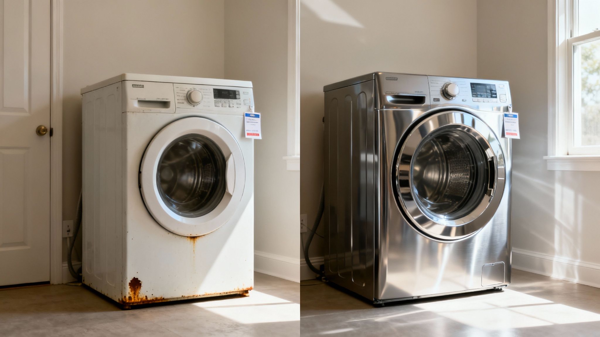 A homeowner looking thoughtfully at a refrigerator and a washing machine, trying to decide whether to repair or replace them.