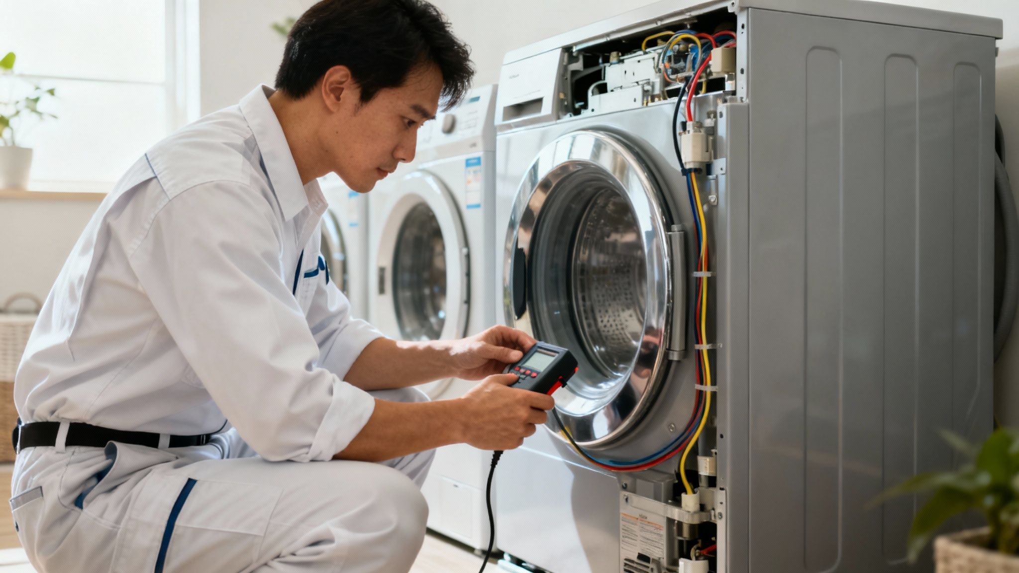 A professional appliance repair technician inspecting the back of a washing machine with a flashlight.