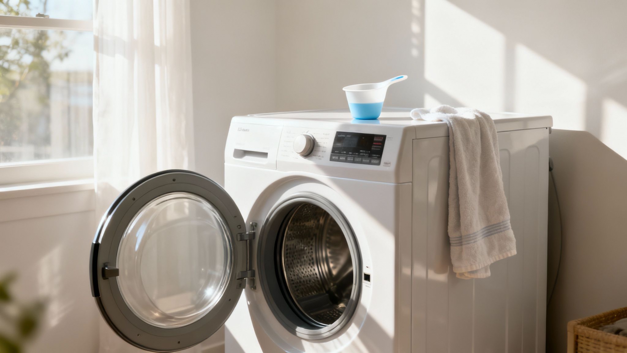 Woman leaving front load washer door open