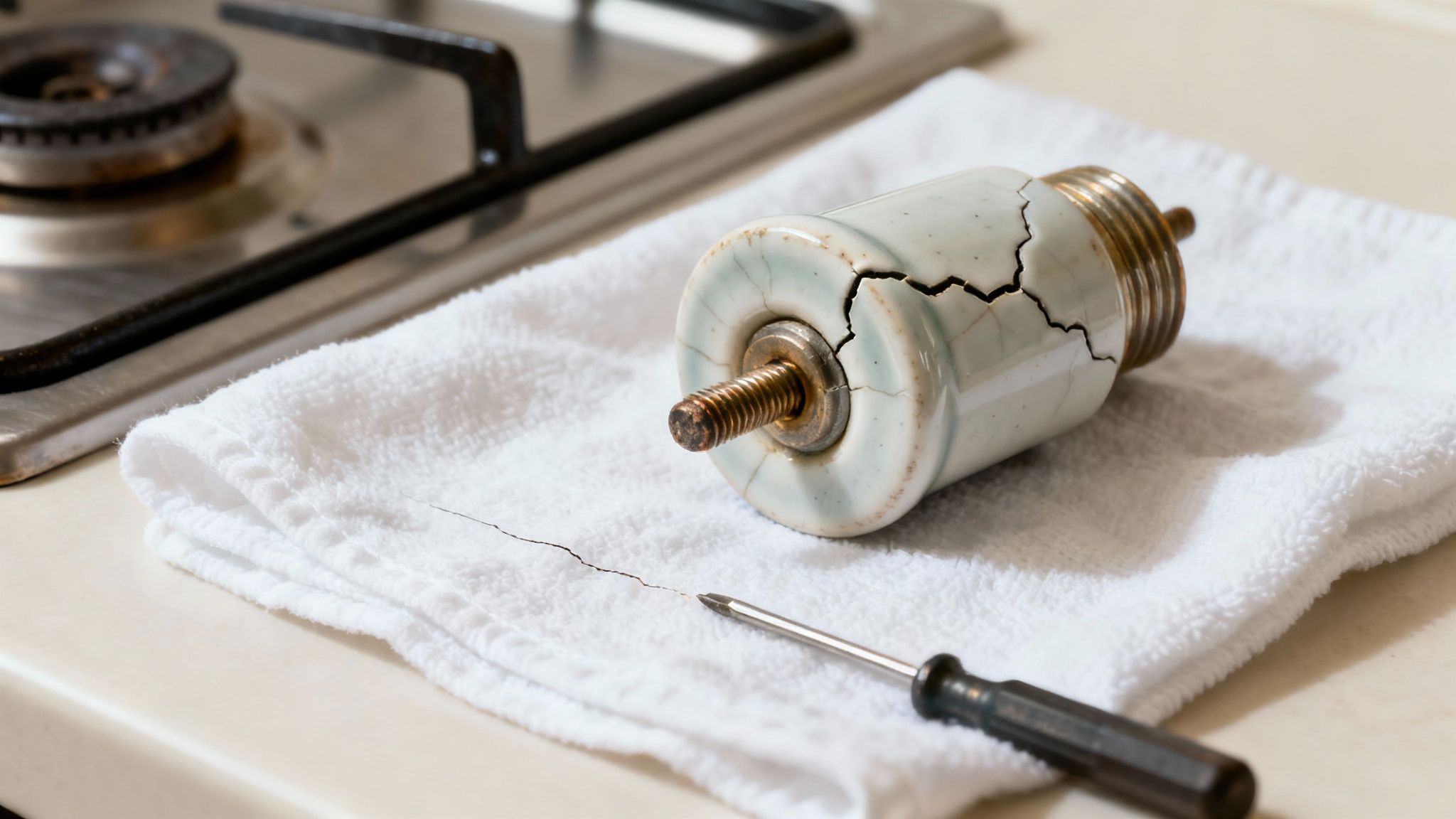 A professional appliance repair technician in uniform inspecting a gas stovetop.