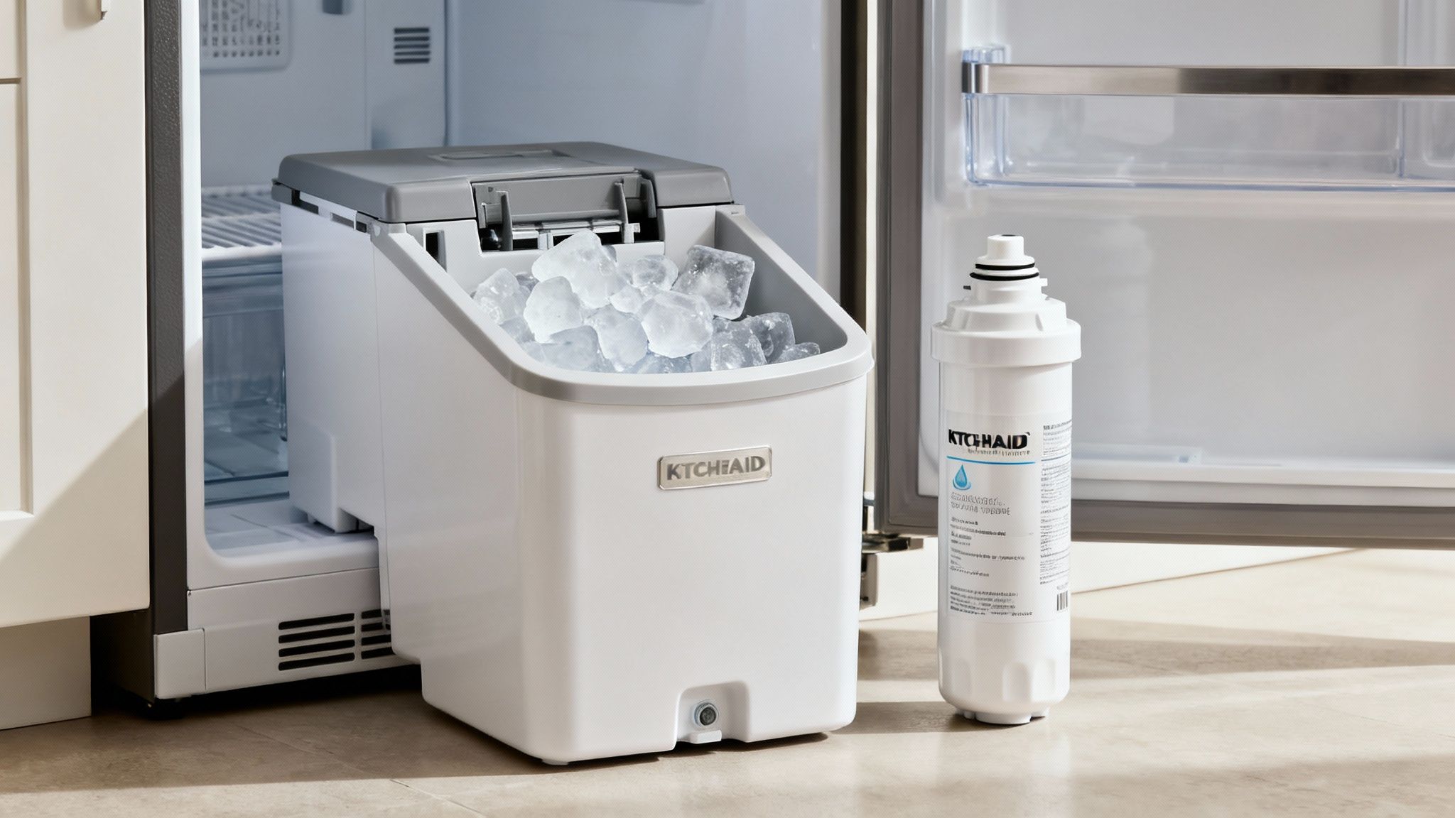 Close-up of a KitchenAid refrigerator's ice and water dispenser with ice cubes and a glass of water, highlighting a common area for troubleshooting.