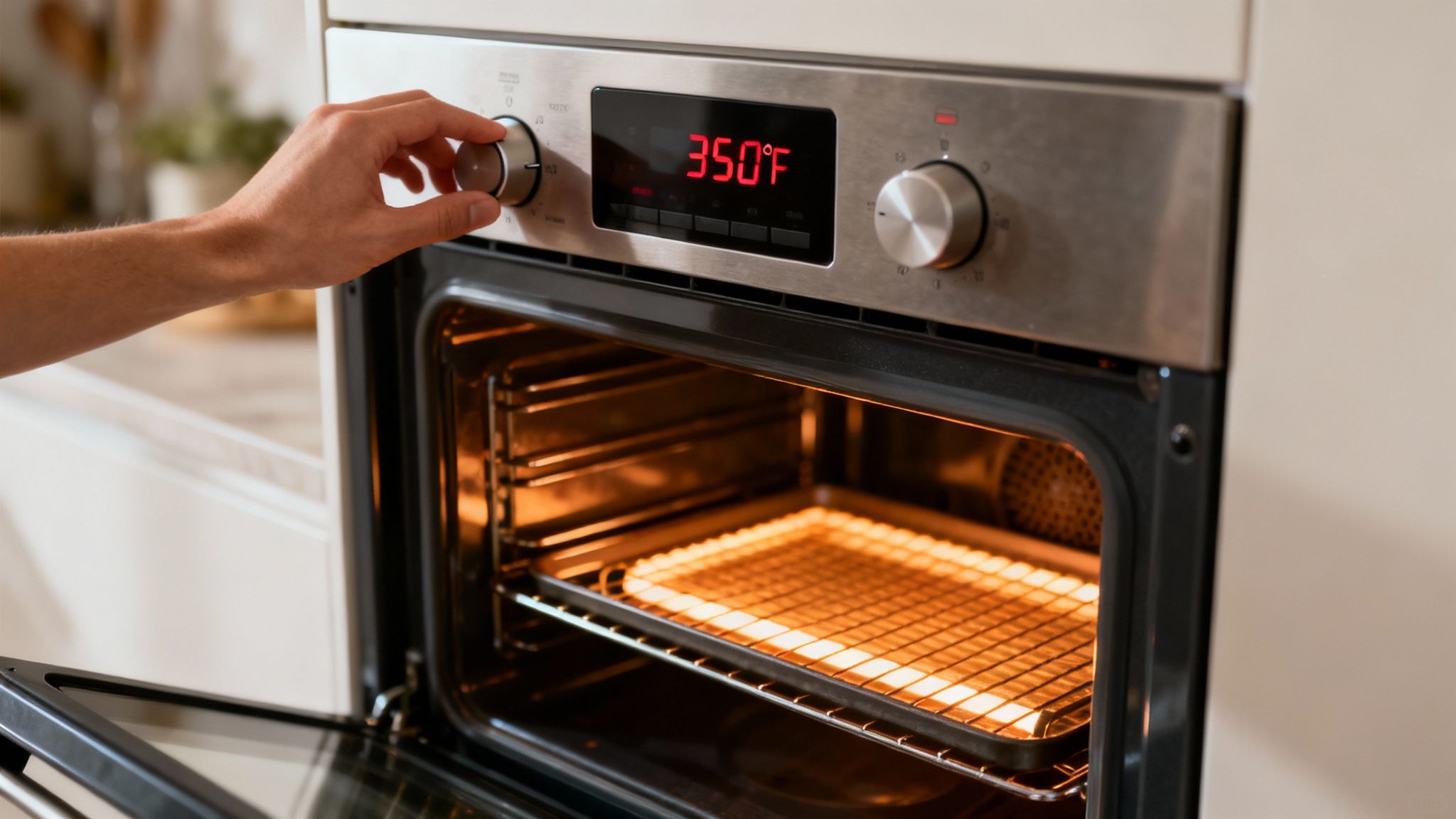 A person looking inside a modern, clean oven with the door open, trying to diagnose why it isn't heating up.