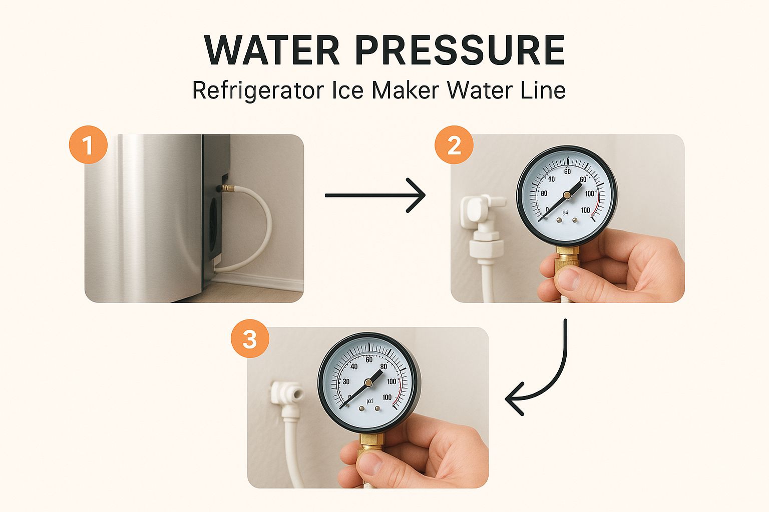 An infographic showing a technician's hand holding a water pressure gauge attached to a refrigerator ice maker water line.