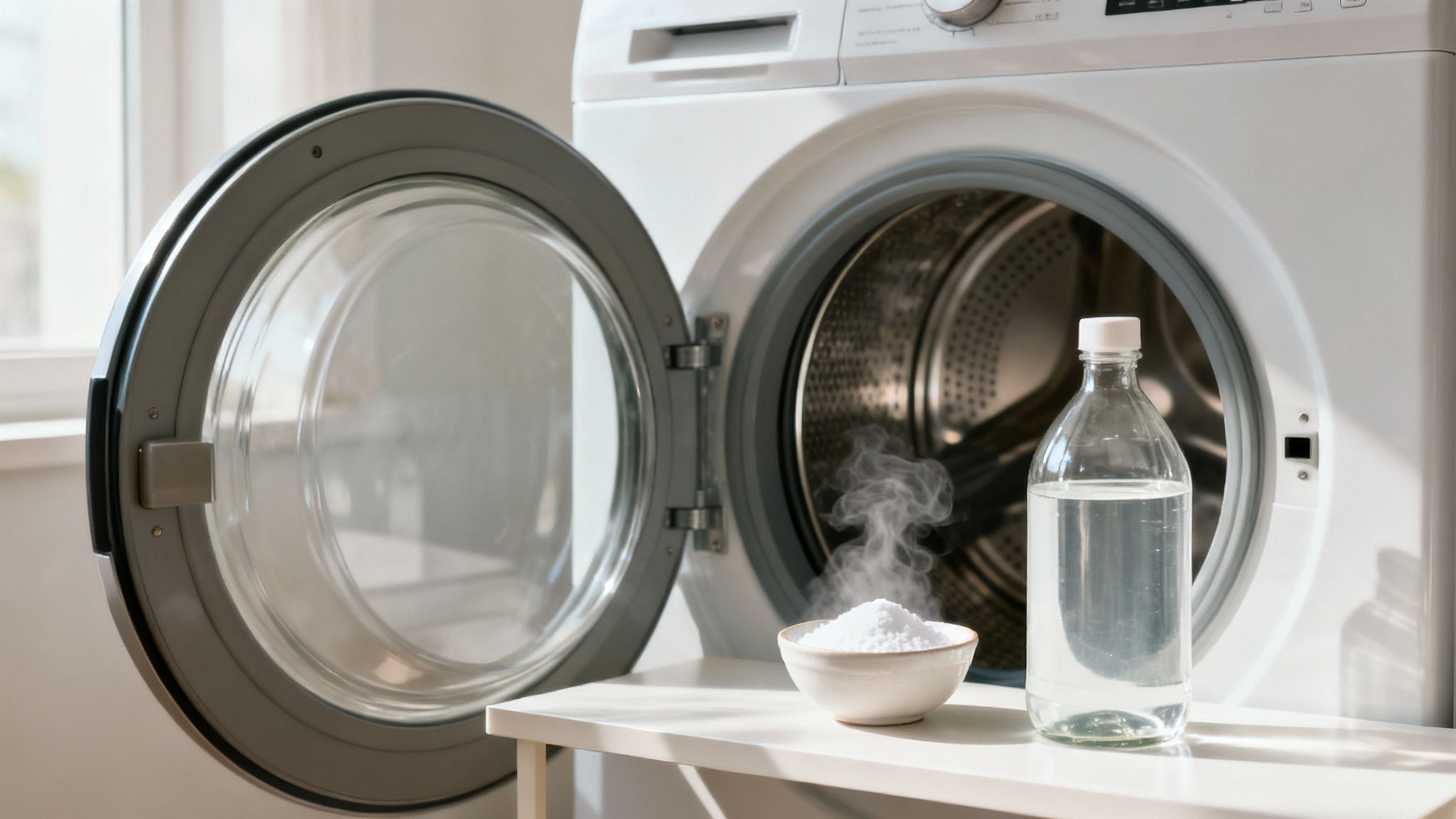 A person's hand pouring white vinegar into the drum of a front-loading washing machine to clean it.
