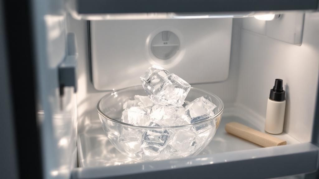 A professional technician inspects a refrigerator's ice maker.