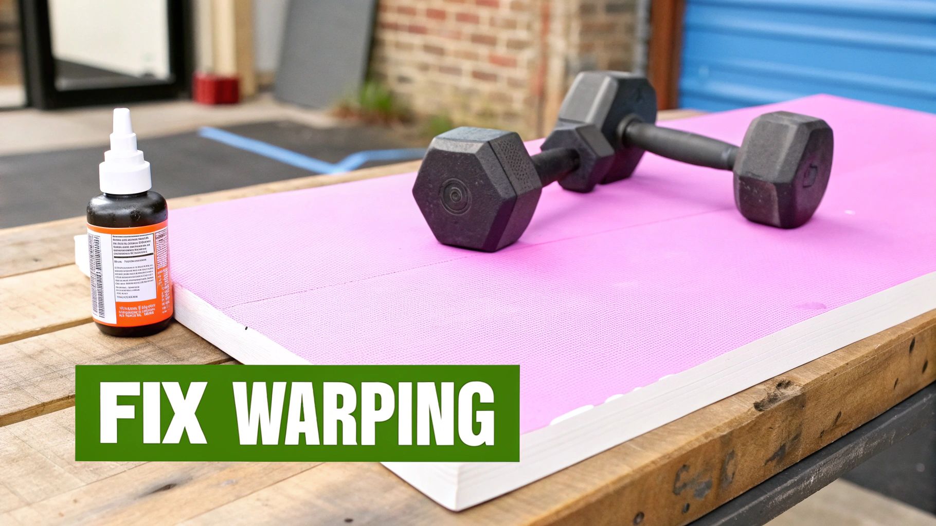 Dumbbell holding down a pink foam core board with glue, text 'FIX WARPING'.
