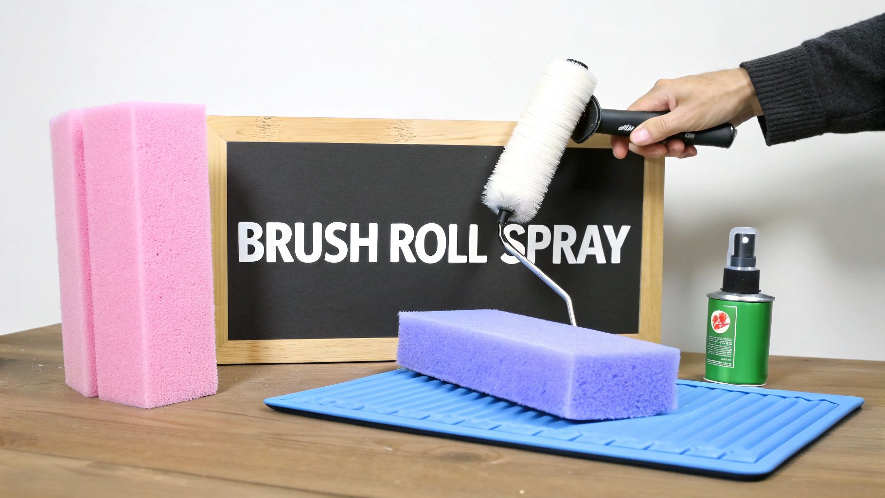 A display of painting tools including sponges, a paint roller, and a spray bottle, with a 'BRUSH ROLL SPRAY' sign.