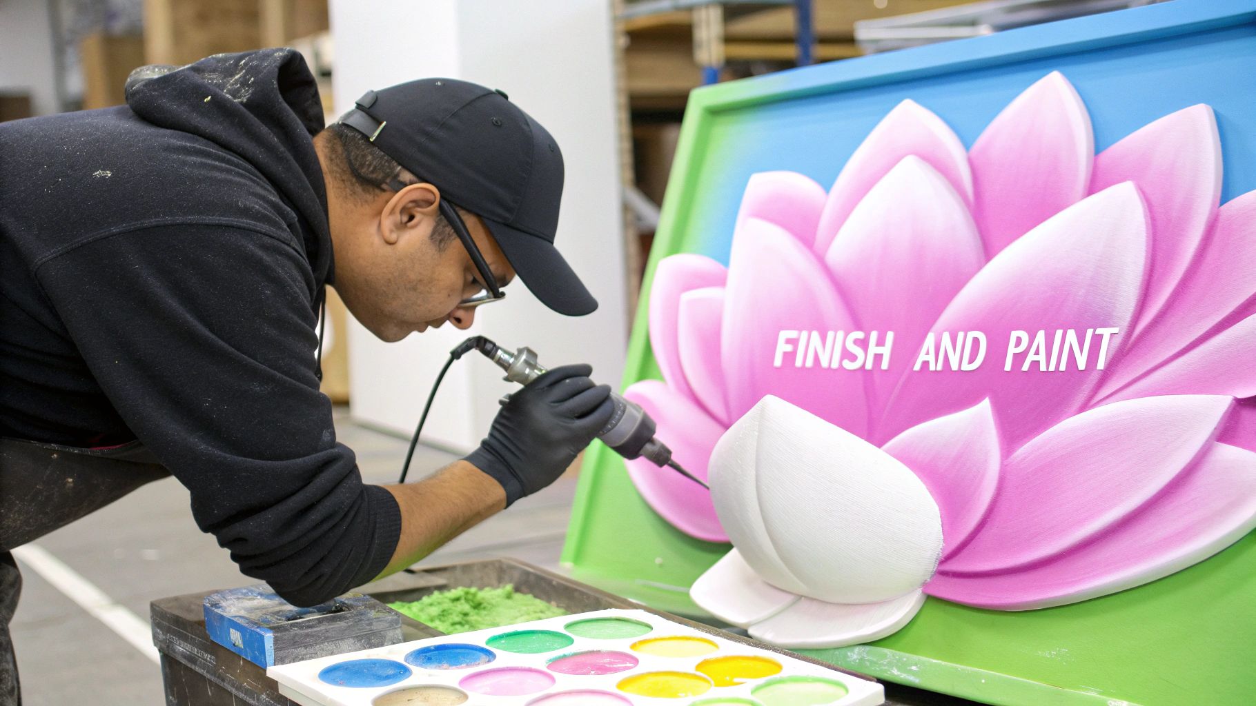 A person meticulously paints a white lotus flower design using a small tool and colorful palette.