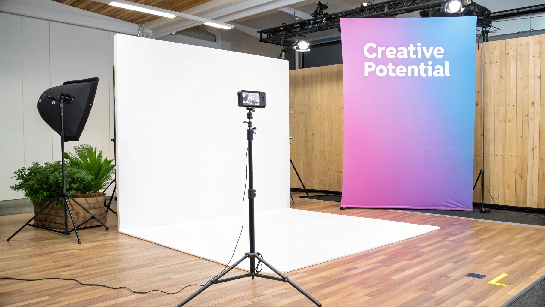 A photography studio setup with white foam boards, lighting, a smartphone on a tripod, and a 'Creative Potential' banner.