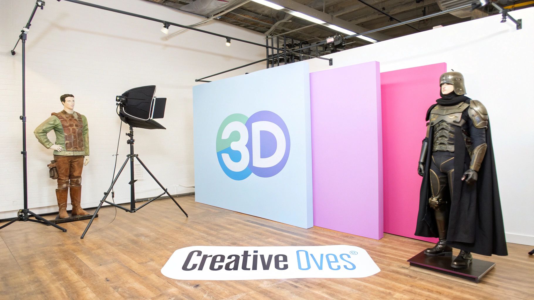 Two costumed mannequins in a studio with 3D logo panels and lighting equipment.