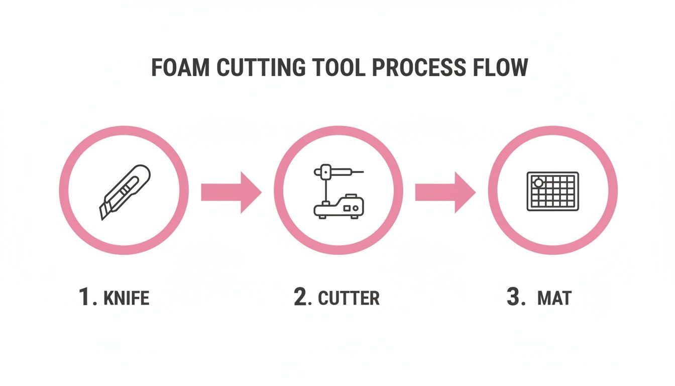 Process flow diagram illustrating three essential tools for foam cutting: a knife, a specialized cutter, and a mat.
