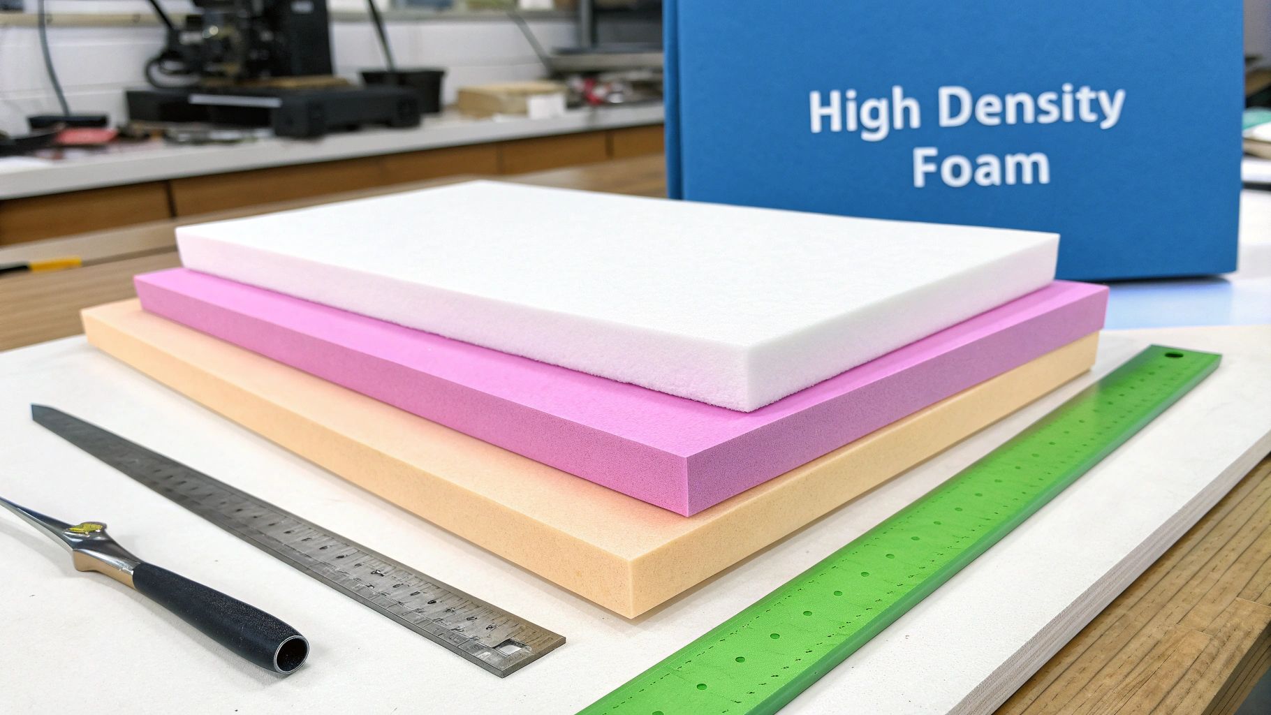 A stack of colorful high-density foam sheets with cutting tools and rulers on a workbench.