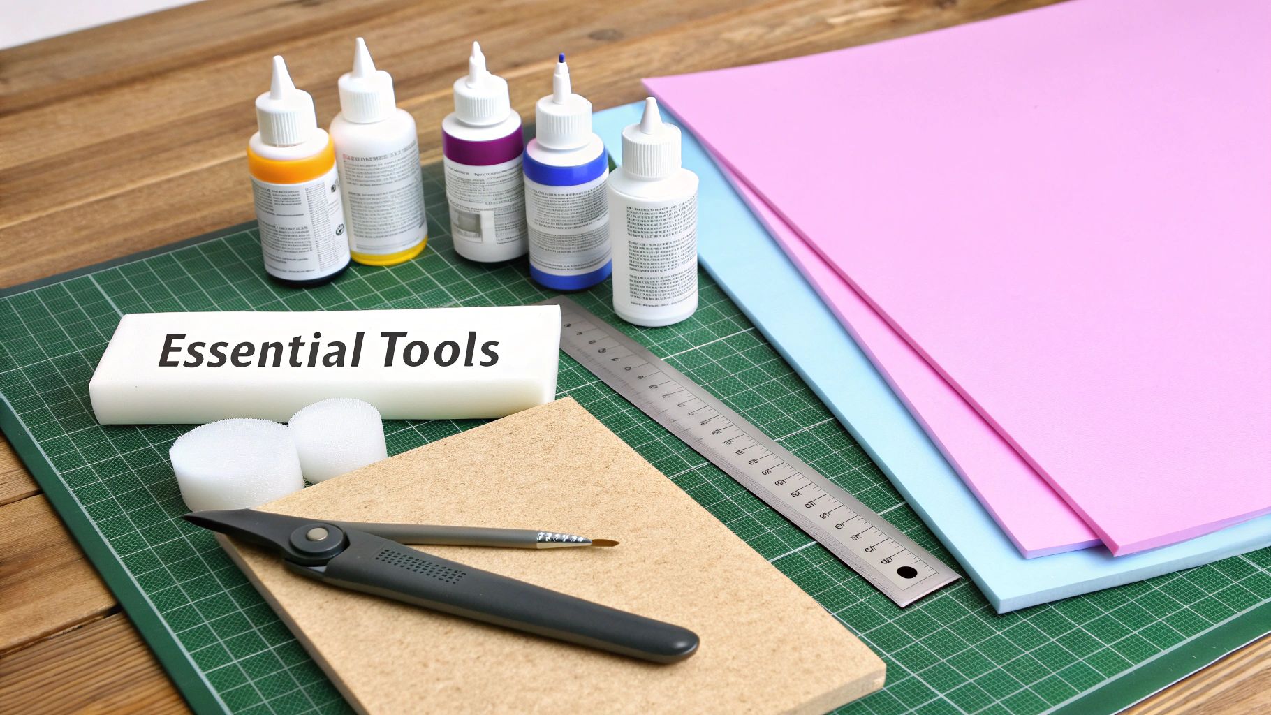 A flat lay of various crafting supplies including foam boards, paints, ruler, and tools on a cutting mat.
