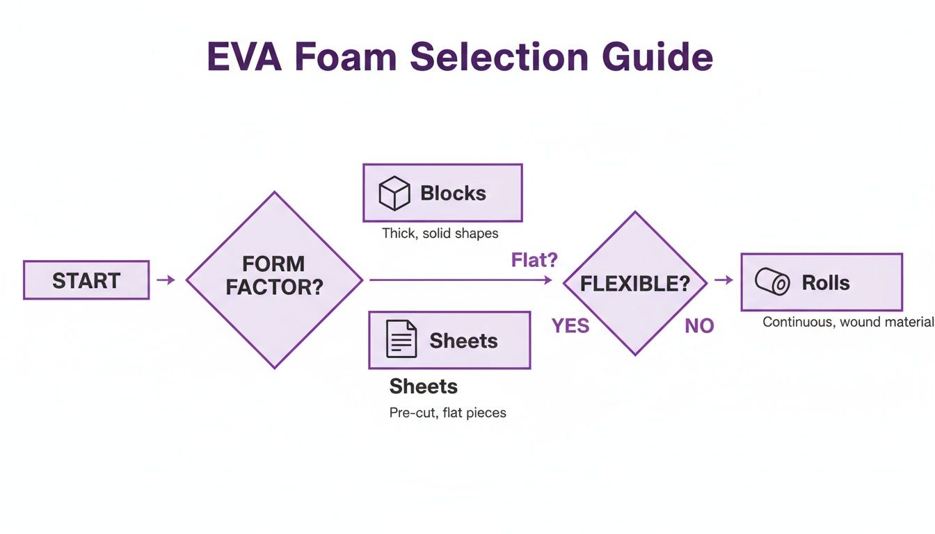 Flowchart outlining an EVA Foam Selection Guide, differentiating between blocks, sheets, and rolls based on form factor and flexibility.