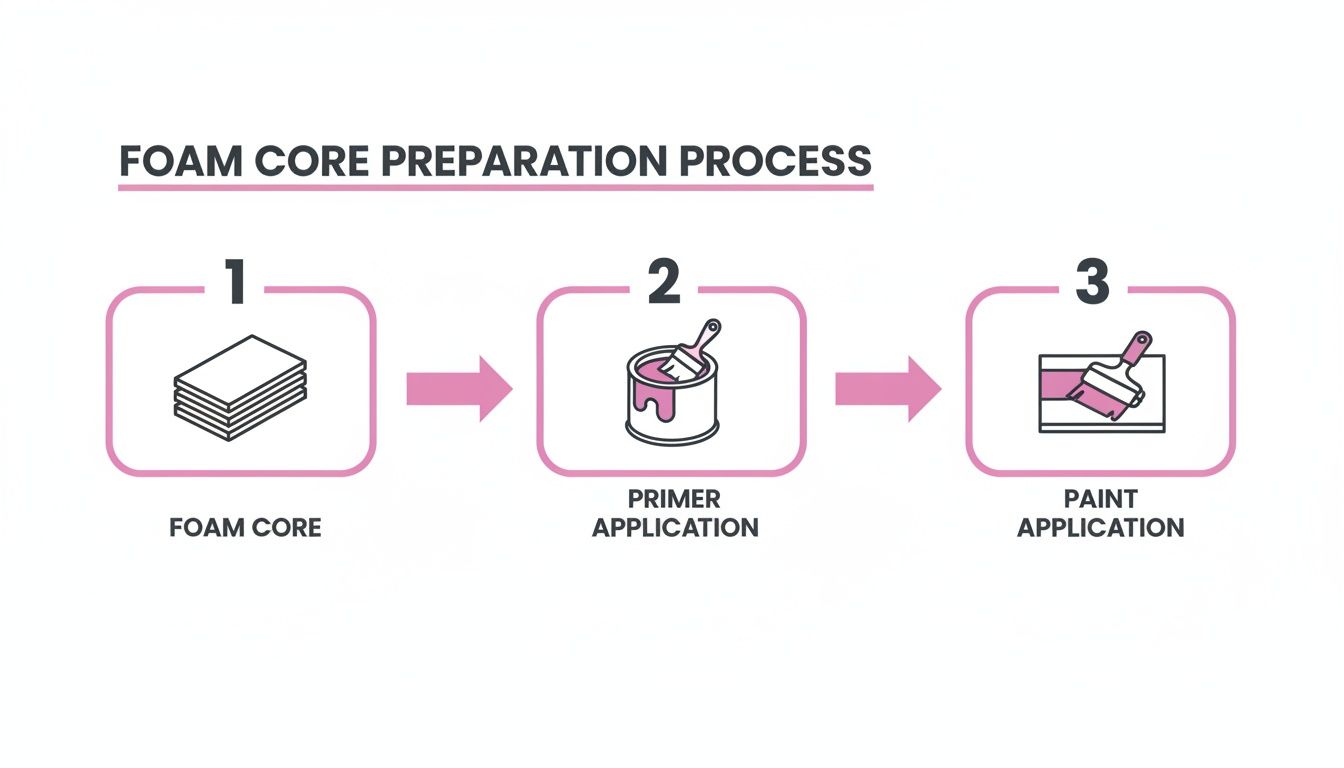 A three-step diagram showing the foam core preparation process: foam core, primer application, and paint application.