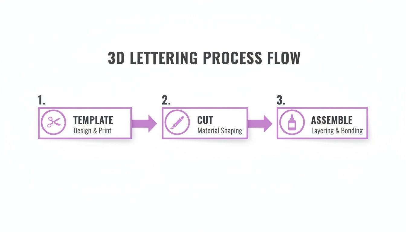 Diagram illustrating the 3D lettering process flow with steps for template, cut, and assemble.