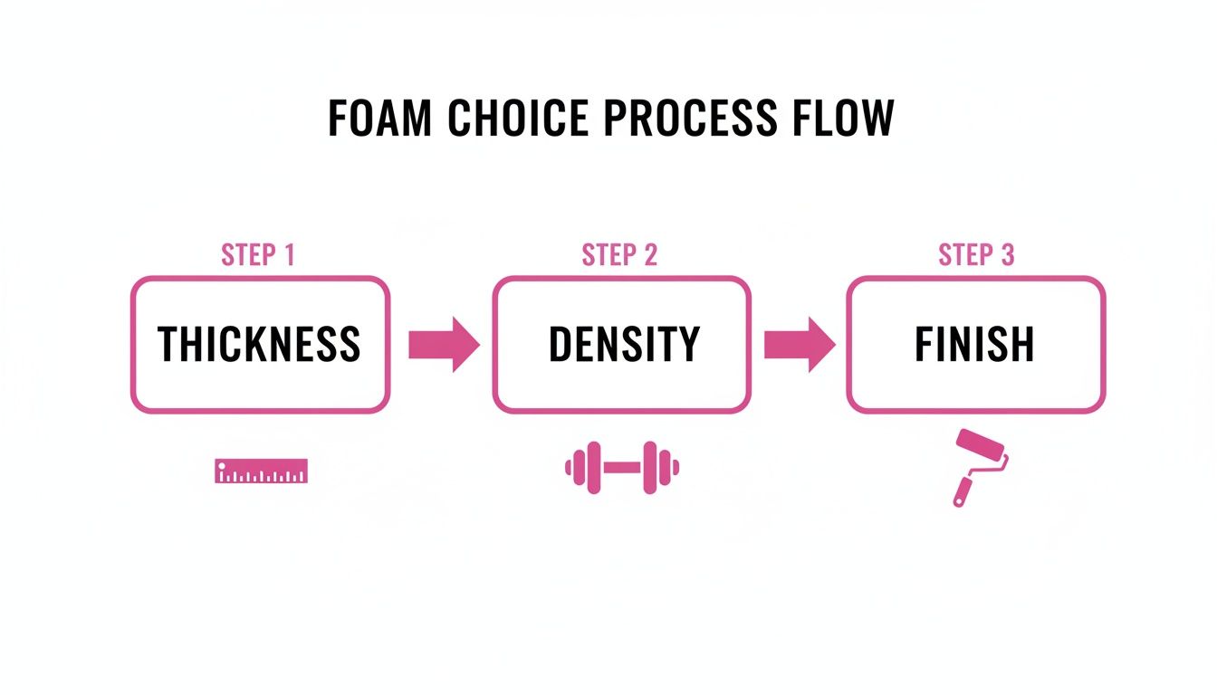 Flowchart showing the foam choice process with three steps: thickness, density, and finish.
