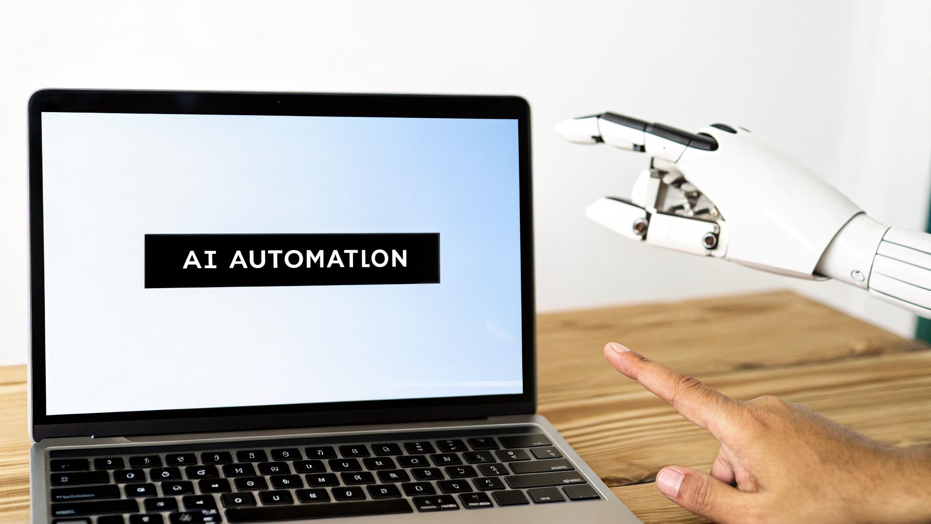 A human hand and robot hand pointing at a laptop displaying 'AI AUTOMATION' on a desk.