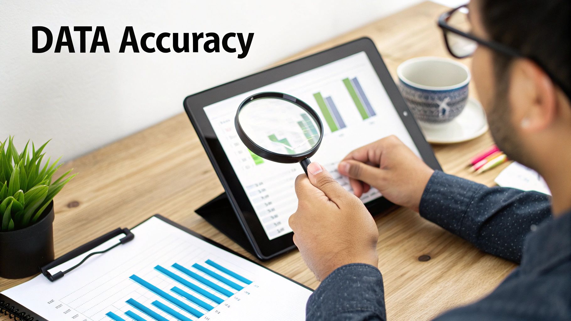 A person uses a magnifying glass to check data on a tablet, emphasizing data accuracy.