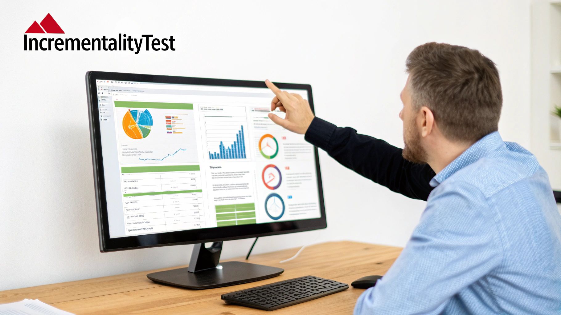 Man pointing at a computer screen showing marketing data, charts, and business analytics.