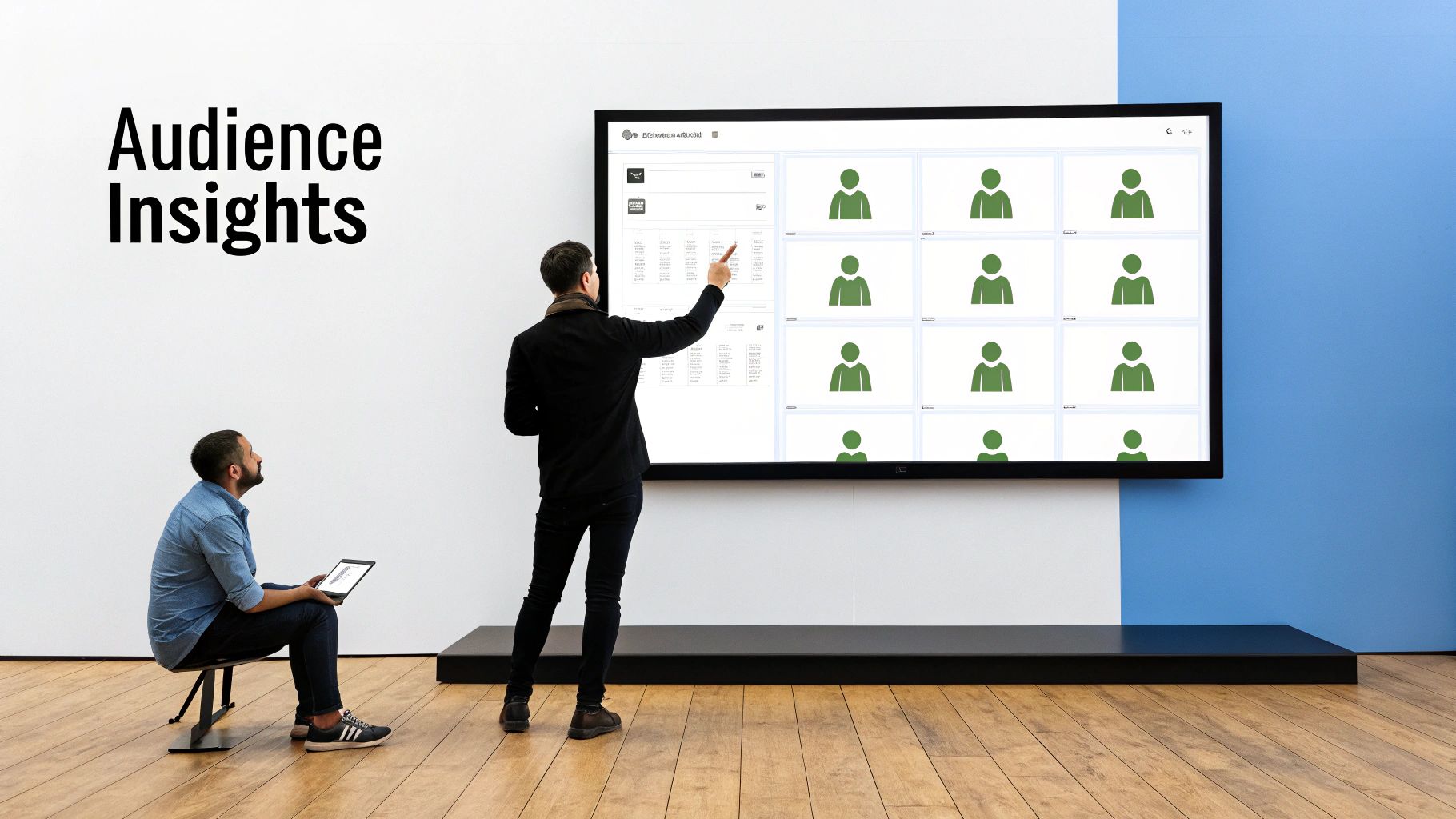 Two men analyze audience insights on a large screen in a modern room, one pointing and one with a tablet.