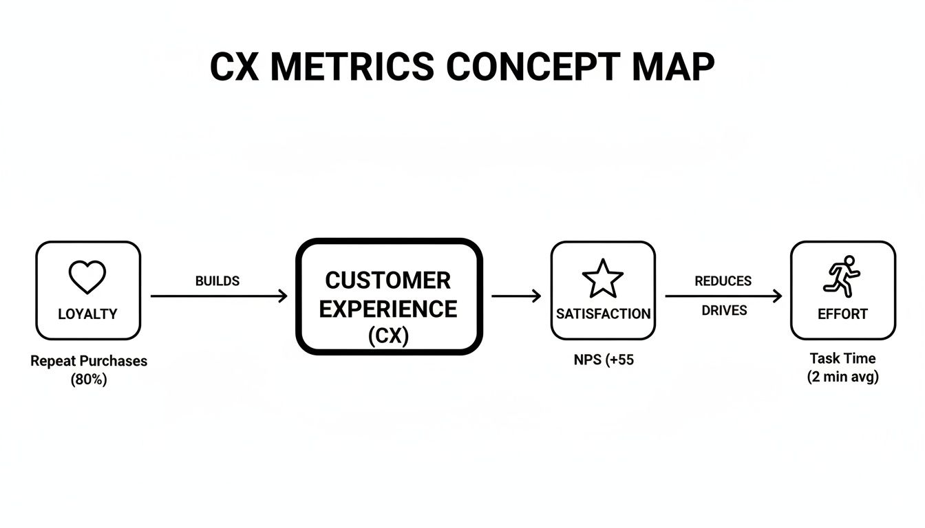 A concept map illustrating how loyalty builds customer experience, leading to satisfaction and reduced effort.