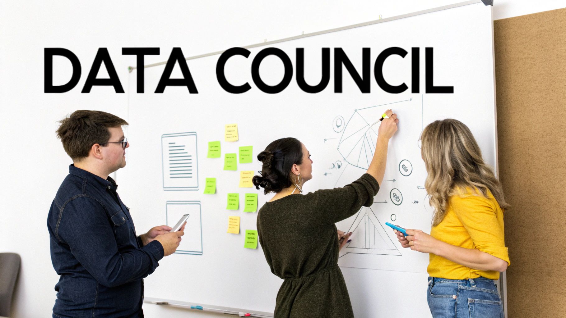 Three professionals discuss data on a whiteboard filled with diagrams and sticky notes during a 'DATA COUNCIL' meeting.