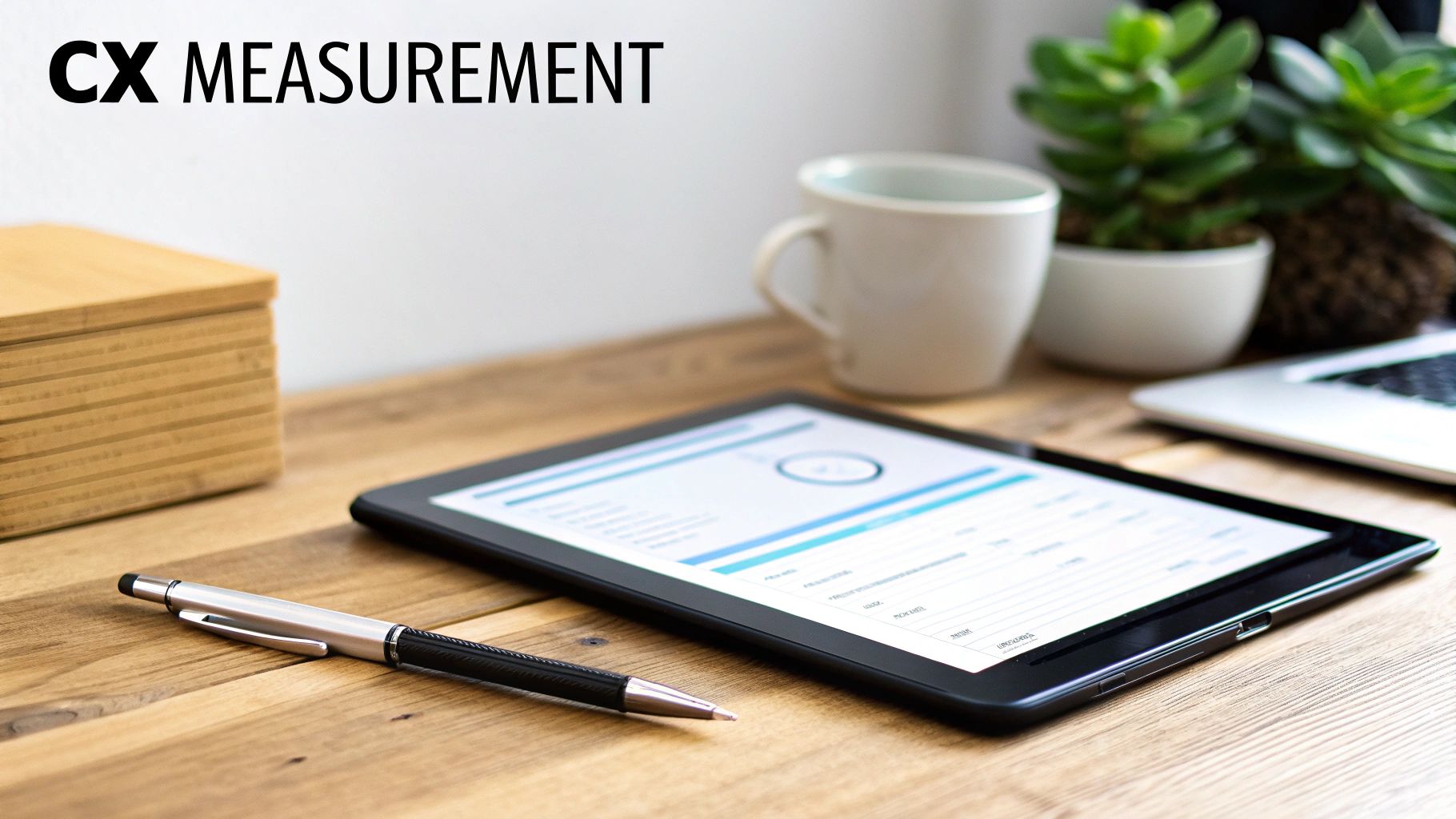 A tablet displaying CX measurement data, a stylus pen, and office essentials on a wooden desk.