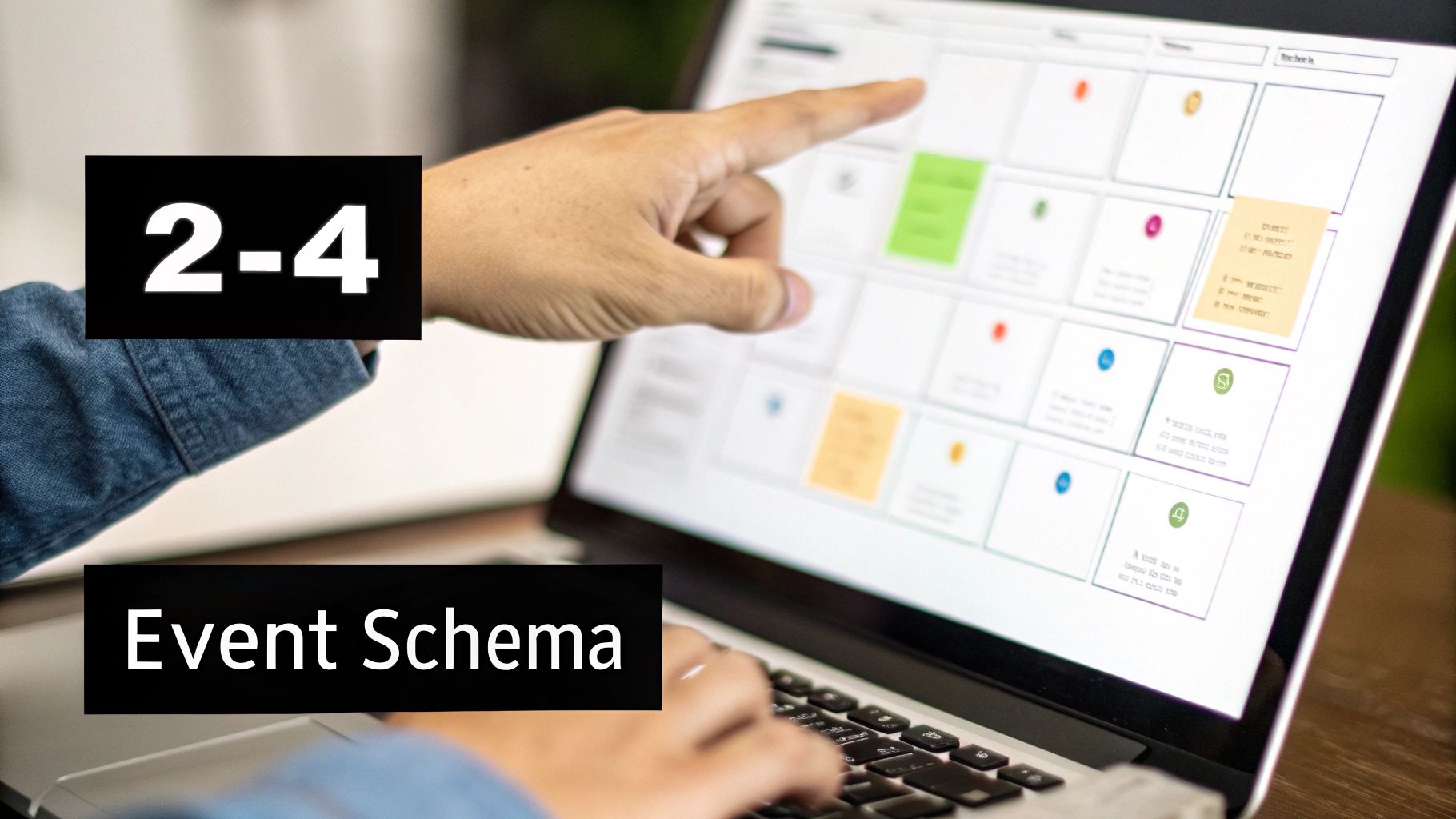 A person's hands pointing at a laptop screen displaying a calendar or project management board with colorful event cards.