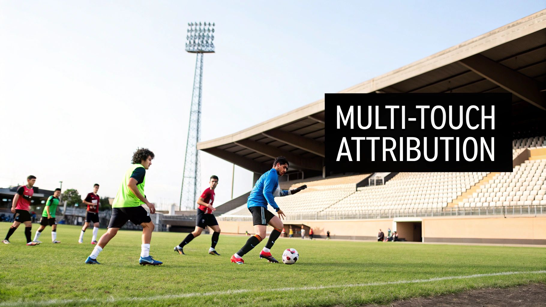Men playing soccer on a green field in a stadium with 'MULTI-TOUCH ATTRIBUTION' text overlay.