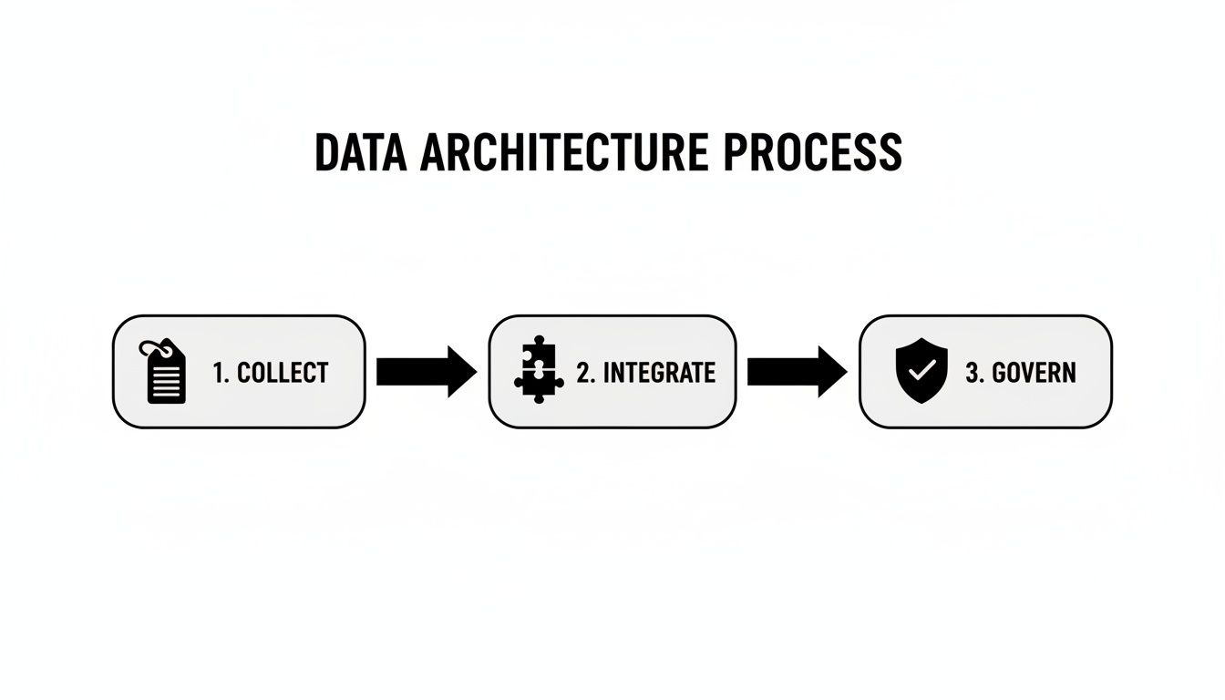 A diagram illustrating the data architecture process with three steps: Collect, Integrate, and Govern.