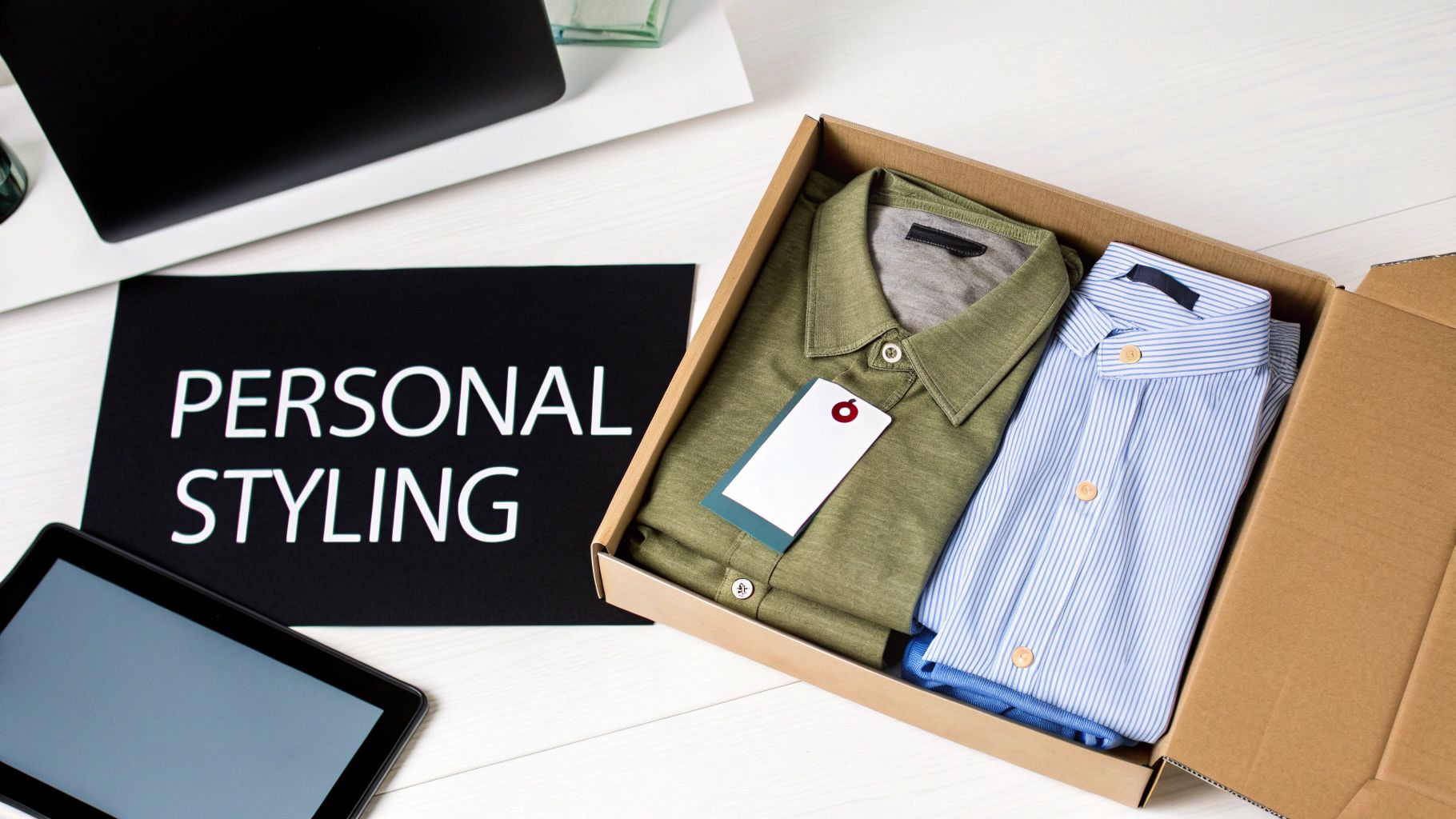Overhead view of a personal styling box with two shirts, a tablet, and a 'PERSONAL STYLING' sign on a white table.