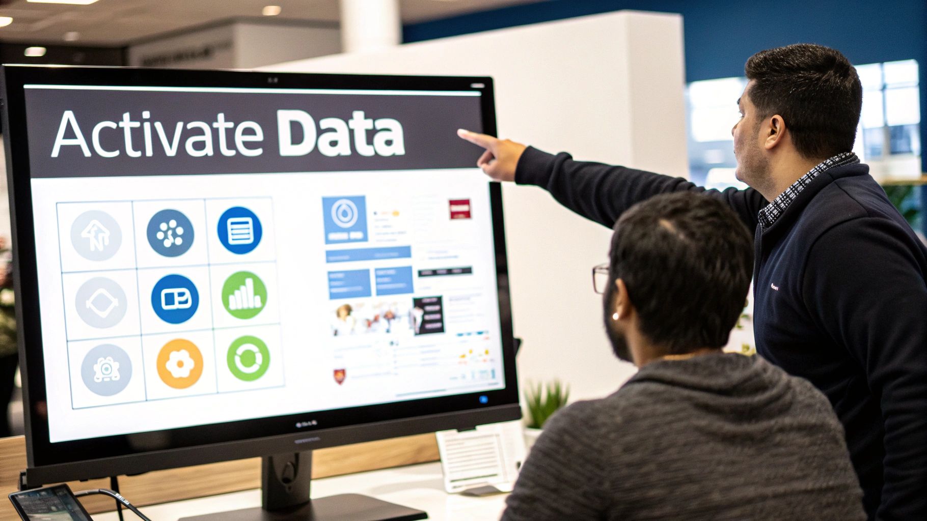 Two men view a large screen displaying "Activate Data" and various icons; one man points.