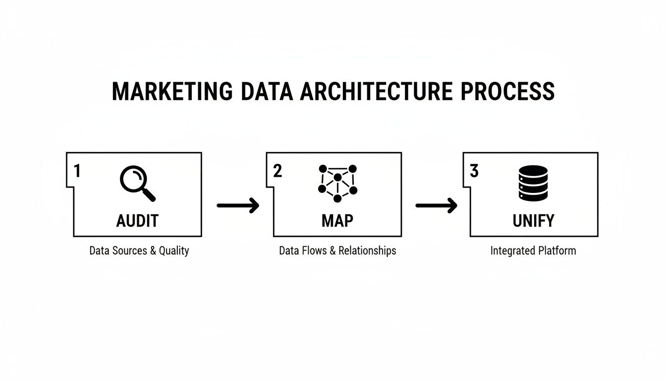 A diagram outlining the Marketing Data Architecture Process: Audit, Map, and Unify steps for data management.